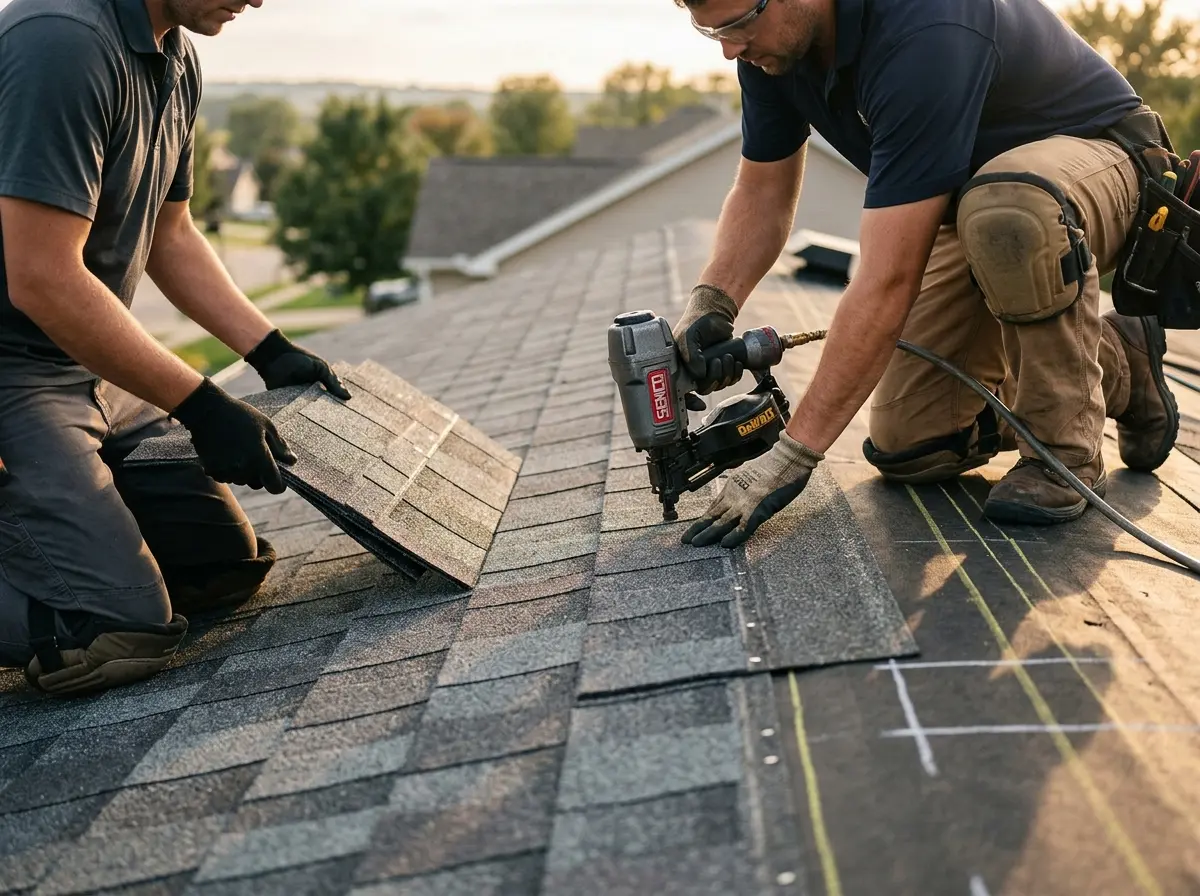 Professional roofer working on a residential roof in Rayne